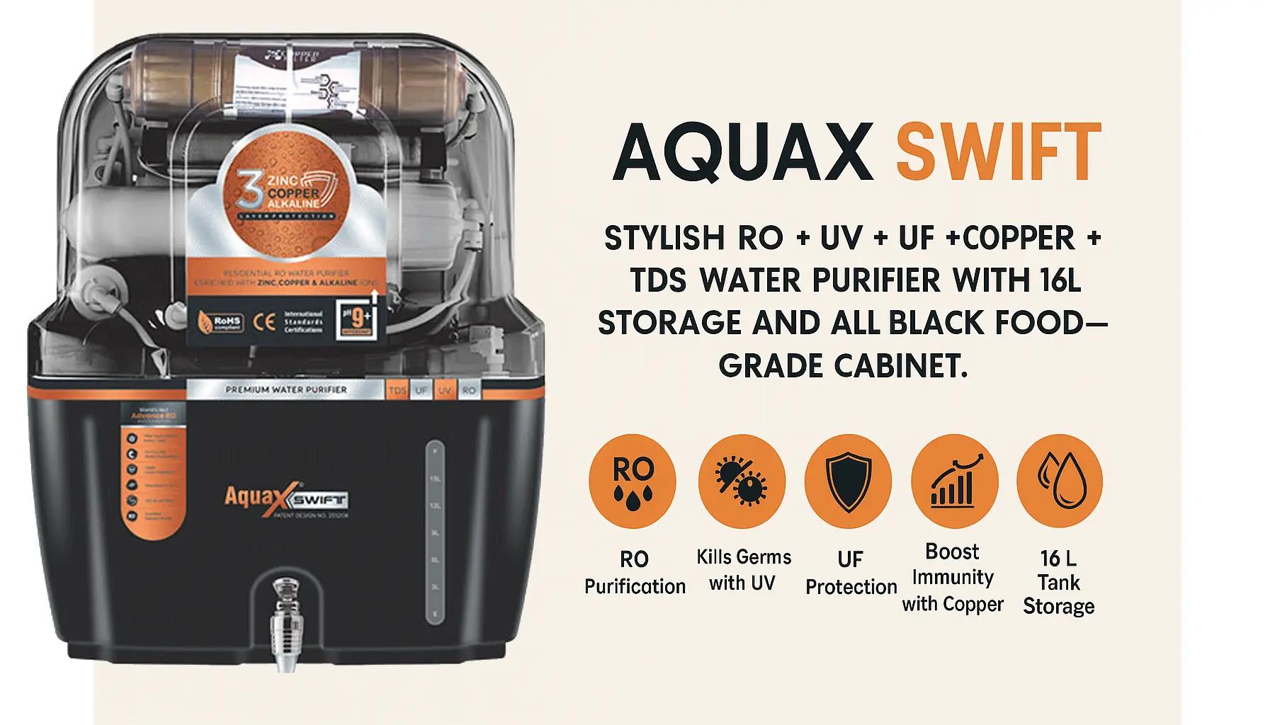 Aquax Swift RO Water Purifier (RO + UV + UF + Copper + TDS Controller) - Image 2