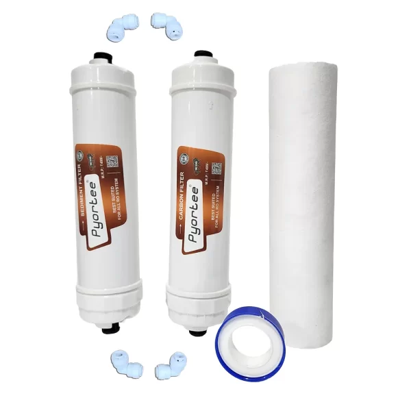 Pyortee Sediment Filter/1 Carbon Filter /1 Spun Filter /1 Teflon Tape /4 Elbows