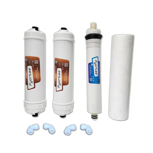 1 Pyortee Sediment filter/ 1 Pyortee Carbon filter/ RO Membrane for 1000TDS/ 1 Spun Filter/ 4 Elbows