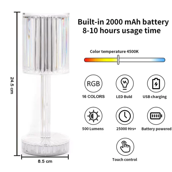 Crystal Table Lamp , Touch Control Atmosphere Nightstand Lamp With USB Charging Line - Image 4