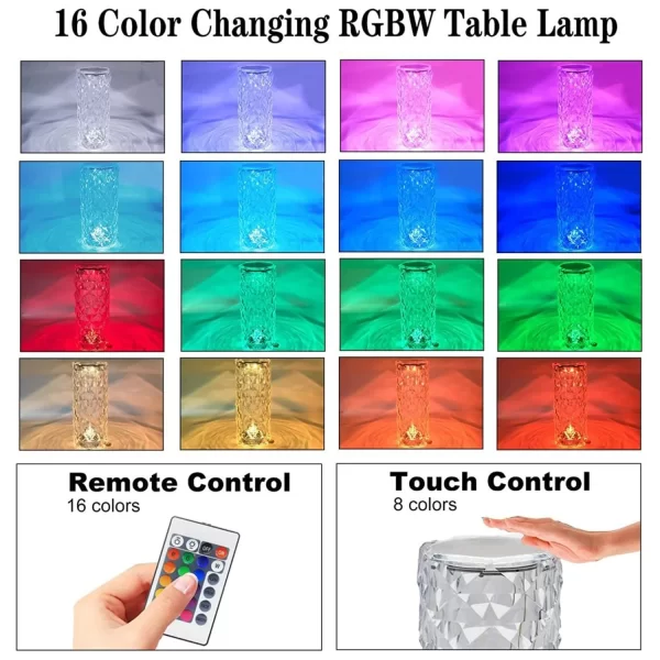 Rose Diamond Table Lamp With Remote Control, USB Table Lamp, Romantic Date Lighting Decor For Festival, Bedroom, Dining Room with Crystal Touch Night Light (16 Colors) - Image 6